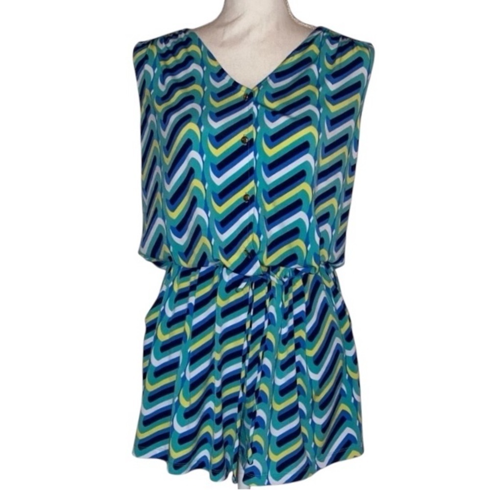 KAARI BLUE One Piece Sleeveless Romper Chevron Pattern Blue/Green/Yellow Medium